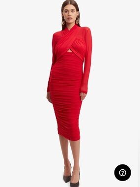 New Bardot Wms Aliyah Fire Red Sheer Ruched Crisscross L/S Coquette Midi Dress M